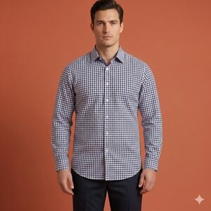 Duchamp London Dress Shirt Men‎ XL Blue White Gingham Check Cotton EUC